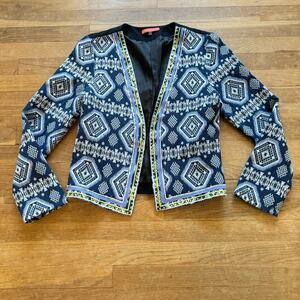 Lulumari navy white geometric open front jacket size large L
 b11